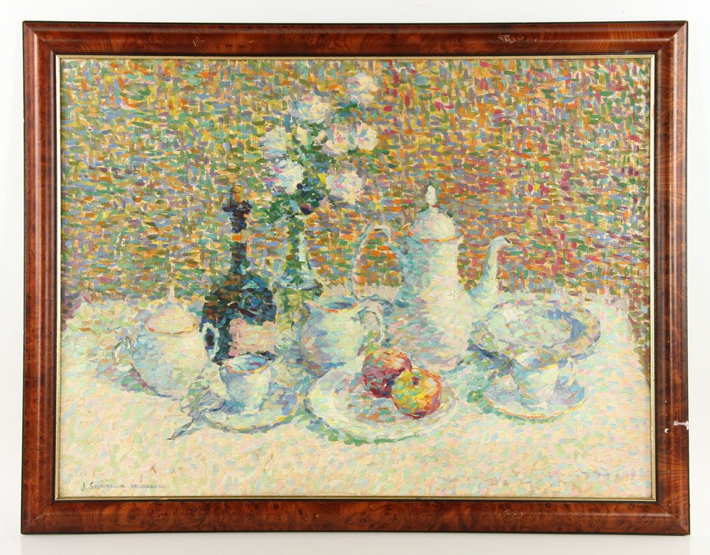 Selmersheim-Desgrange, Still Life, O/C: Jeanne Selmersheim-Desgrange (French, 1877-1958), still life with tea set, flowers and apples, oil on canvas, signed lower left, 23 1/2" h x 31 3/4" w (view), 27 1/4" h x 35 1/2" w (frame). Provenance