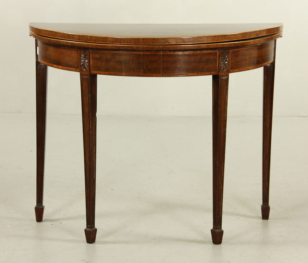 Early 19th C. Hepplewhite Mahogany Game Table: Early 19th century English Hepplewhite demilune game table, mahogany with banded veneer half apron, with gate legs and folding top, 27 3/4" h x 36" dia (open). Provenance: From a California estate.