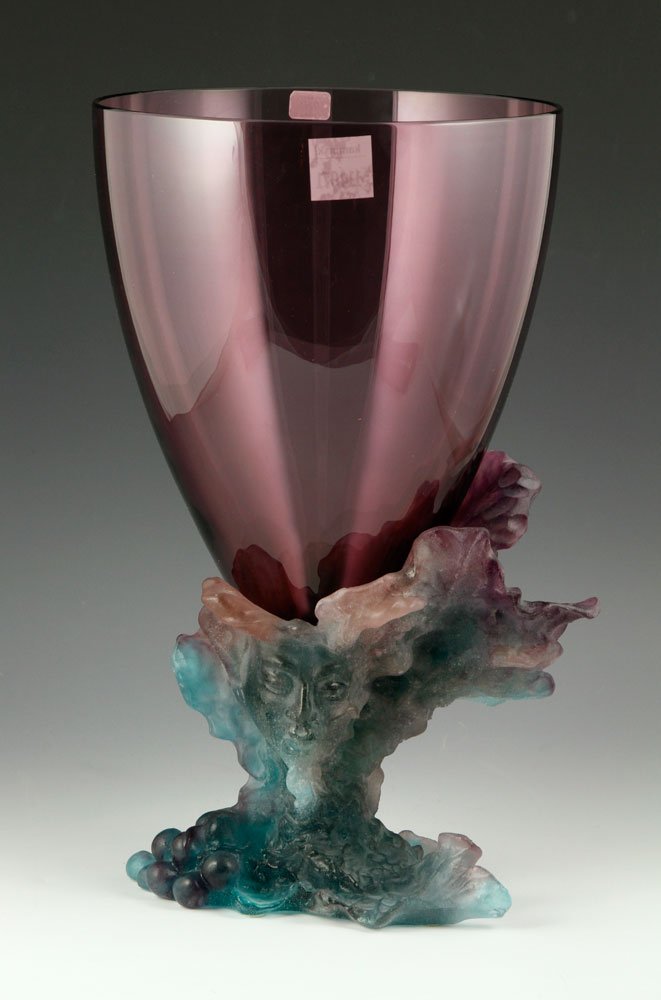 Daum Pate de Verre "Bacchus" Vase: Daum "Bacchus" purple and blue vase, pate de verre glass, 13 1/2" h x 8" dia. Provenance: From a California collection.