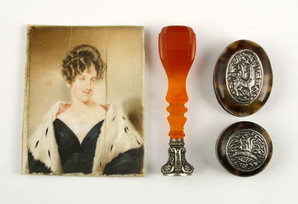 Pill Boxes, Seal and Miniature Portrait: Lot of two pill boxes, one seal, and miniature portrait of woman in ermine shawl (3 3/4" h x 3" w). Provenance: From a Massachusetts estate.