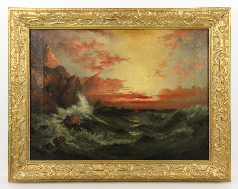 Moran, Sunset Seascape, O/C: Edward Moran (English, 1829-1901), sunset seascape, oil on canvas, inscribed lower right "To: Sim Powell, From: Moran," 14 1/2" h x 19 1/2" w (view), 19" h x 24" w (frame). Provenance: From the Estate
