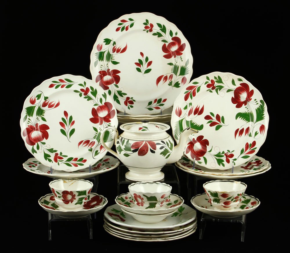 Lot of English Adams China: Lot of English Adams china, hand decorated ironstone china, to include: 1 teapot (5 1/4" h), 3 teacups (2 1/2" h x 4" dia), 3 saucers (6 1/4" dia), 1 berry bowl (not Adams, 5" dia), 5 dessert plates (