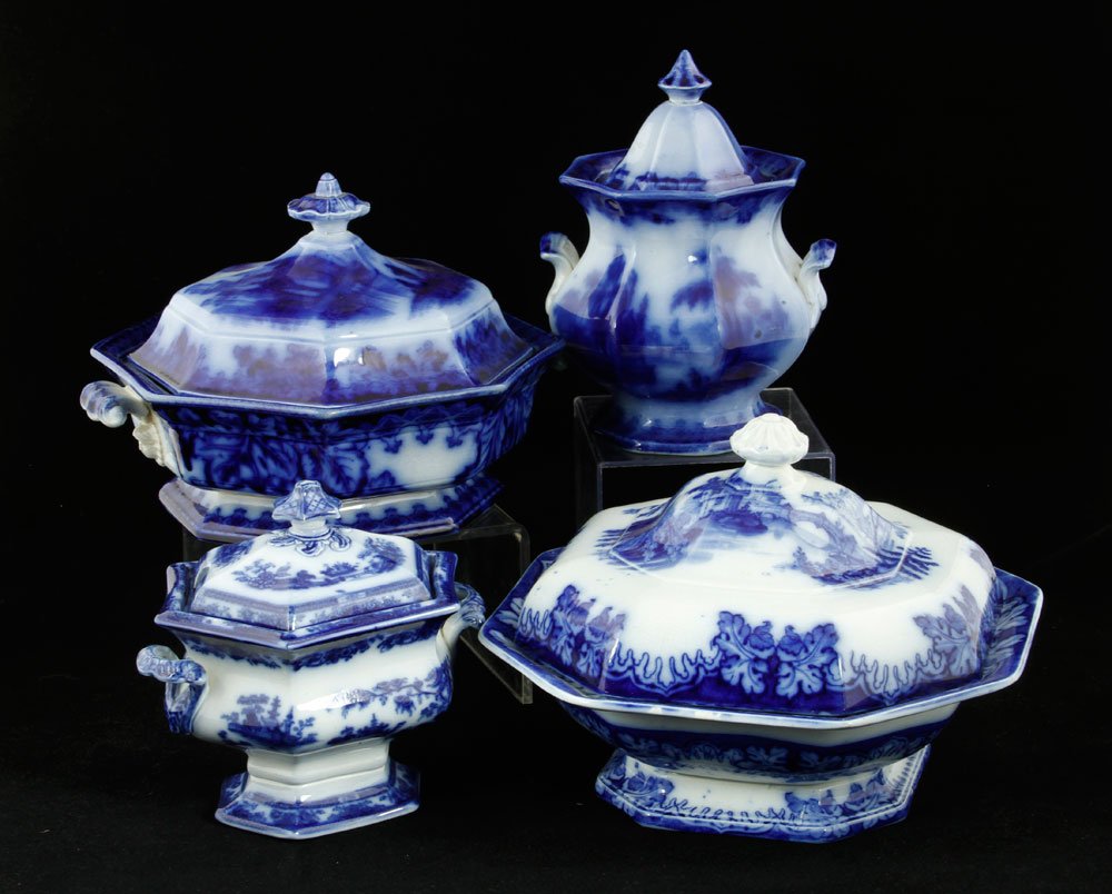 4 Staffordshire Flow Blue Covered Tureens: Lot of four Staffordshire flow blue covered tureens, largest 7 1/2" h x 10 1/4" w. Provenance: From a Florida estate.