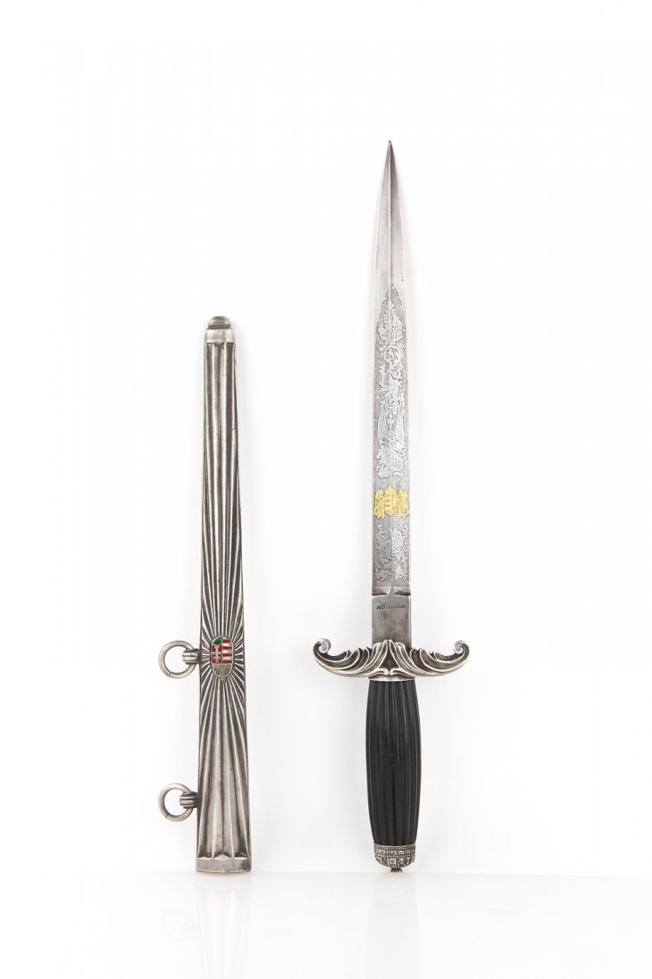 20th C. Austro-Hungarian Style Diplomatic Dagger: Austro-Hungarian style diplomatic dagger, first half of 20th century, inscribed and dated 1910, blade marked "Budapest Lajos," scabbard bears shield of Kingdom of Hungary and has button release, not o