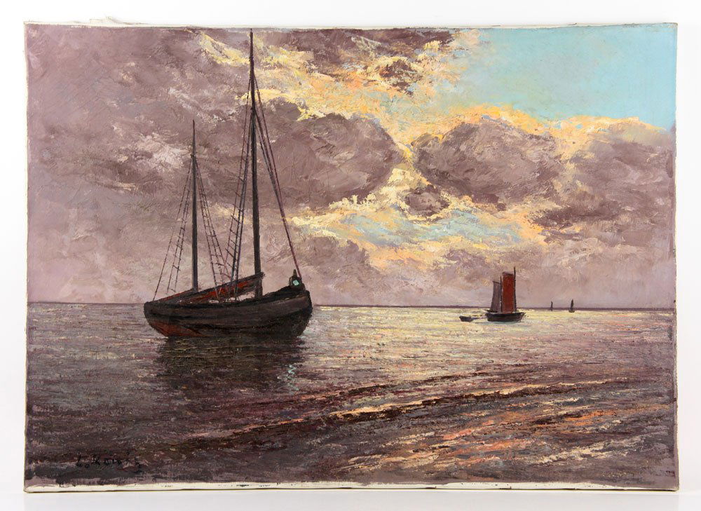 Konig, Seascape with Fishing Boats, O/C: Leo Konig (German, 1871-1944), seascape with fishing boats, oil on canvas, signed lower left, 19 1/2" h x 27 1/2" w. Provenance: From a California estate.