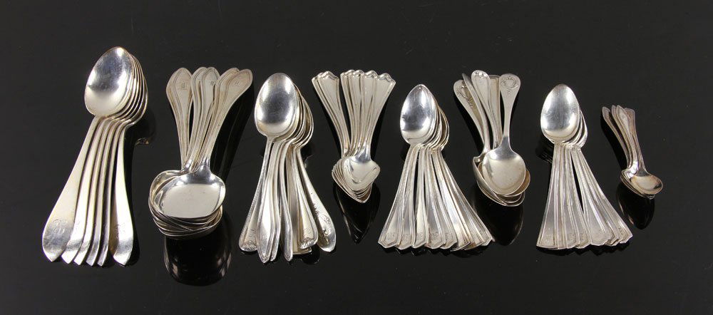 Lot of Sterling Spoons: Lot of sterling silver spoons from various makers, to include: 6 grapefruit spoons, 4 coffee spoons, 6 dessert spoon, 6 shovels, and 29 teaspoons (of 7 different designs), all but 11 are monogrammed,