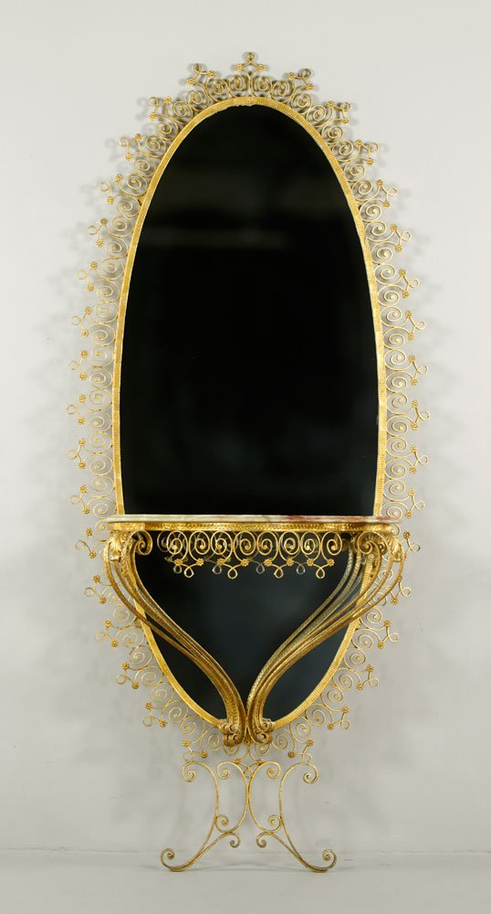 French Pier Mirror with Tray: French oval pier mirror, with rose marble tray, 86" h x 38 1/2" w x 13" d. Provenance: From a Massachusetts estate.