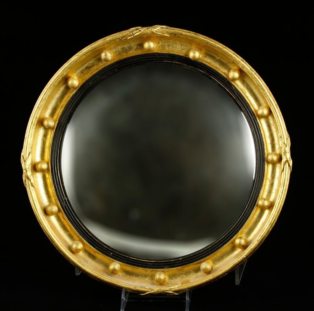 Federal Convex Mirror: Federal style convex mirror, in gilt wood frame, approximately 15 1/2" dia. Provenance: From a Florida estate.