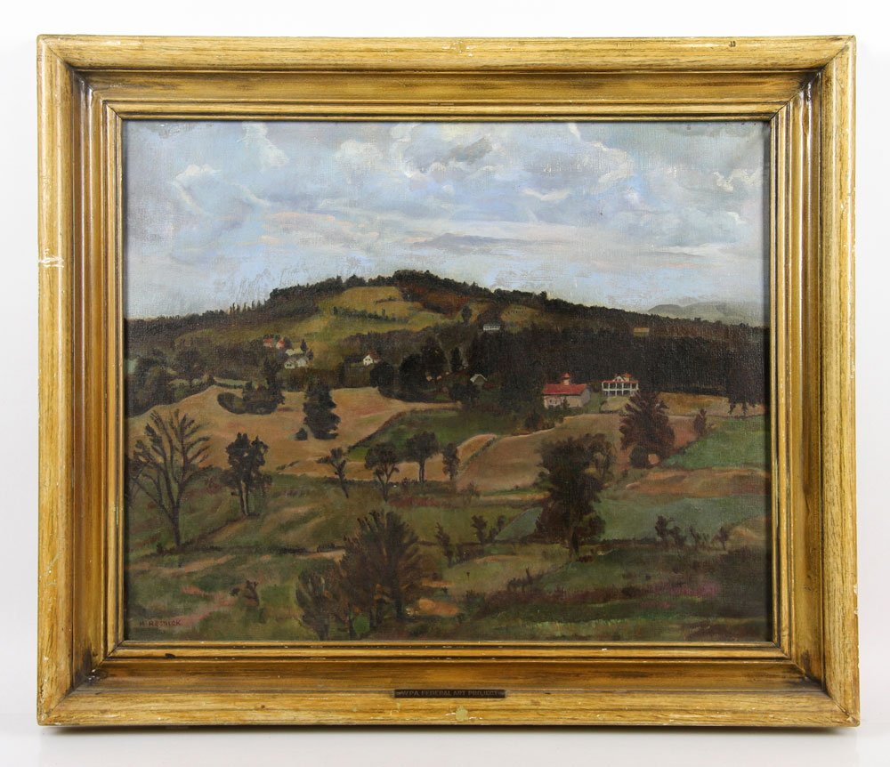 Resnick, "Landscape in Mohegan," O/C: Max Resnick, "Landscape in Mohegan," oil on canvas, signed lower left, with Works Progress Administration's Federal Art Project plaque on frame, WPA loan tag and subsequent purchase note verso, 17 1/2