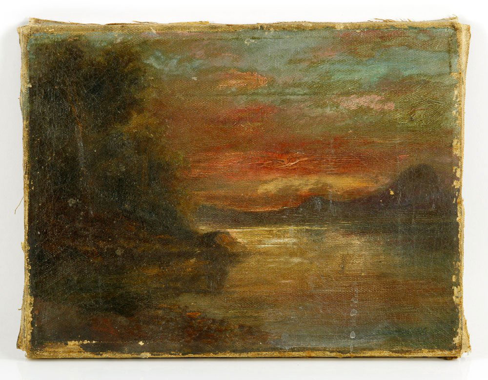 Attr. Inness, Lake Scene at Sunset, O/C: Attributed to George Inness (American, 1825-1894), lake scene at sunset, oil on canvas, 9" h x 12" w. Provenance: From a California estate.