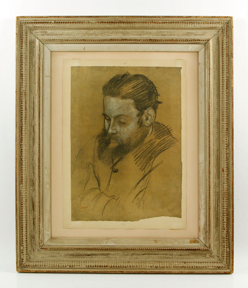 Degas, Portrait of Diego Martelli, Trial Proof: Edgar Degas, portrait of Diego Martelli, trial proof, numbered 55, signed lower left, 17 1/2" h x 12 1/2" w (view), 26 1/4" h x 22" w (frame). Provenance: From a Massachusetts estate.