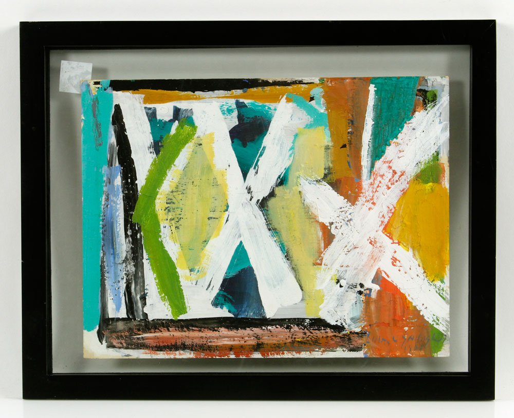 O'Gallagher, Abstract, Gouache on Paper: Liam O'Gallagher (American, 1917-2007), abstract, gouache on paper, signed and dated lower right, inscribed verso, 9" h x 11 3/4" w (view), 12" h x 15" w (frame). Provenance: From a California estate.