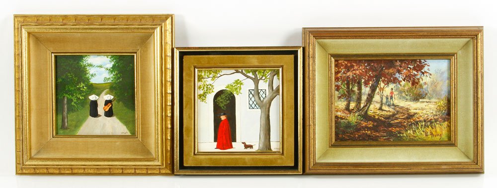 Whipple and Young, 3 Paintings: Lot of three paintings, to include: Frank Whipple, bishop with dachshund, oil on panel, signed lower right, 5" x 5" (view); Frank Whipple, two nuns on a path, one with guitar, oil on panel, signed low