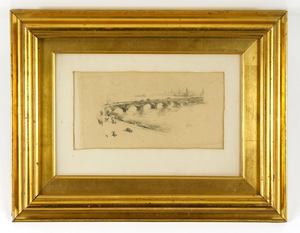 Whistler, "Charing Cross Railway Bridge," Lithograph: James Abbott McNeill Whistle, "Charing Cross Railway Bridge," lithograph, bears butterfly monogram, 5" h x 10" w (view), 14 1/2" h x 18 3/4" w (frame). Provenance: From a Massachusetts estate.