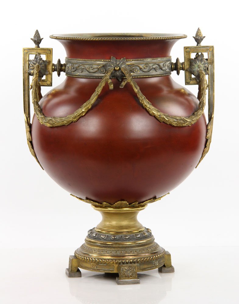 Bronze Ormolu Mounted Brass Palace Vase: Palace vase, bronze ormolu mounted brass, with acanthus leaf swag and foliate handles, 18 1/2" h. Provenance: From a Florida estate.