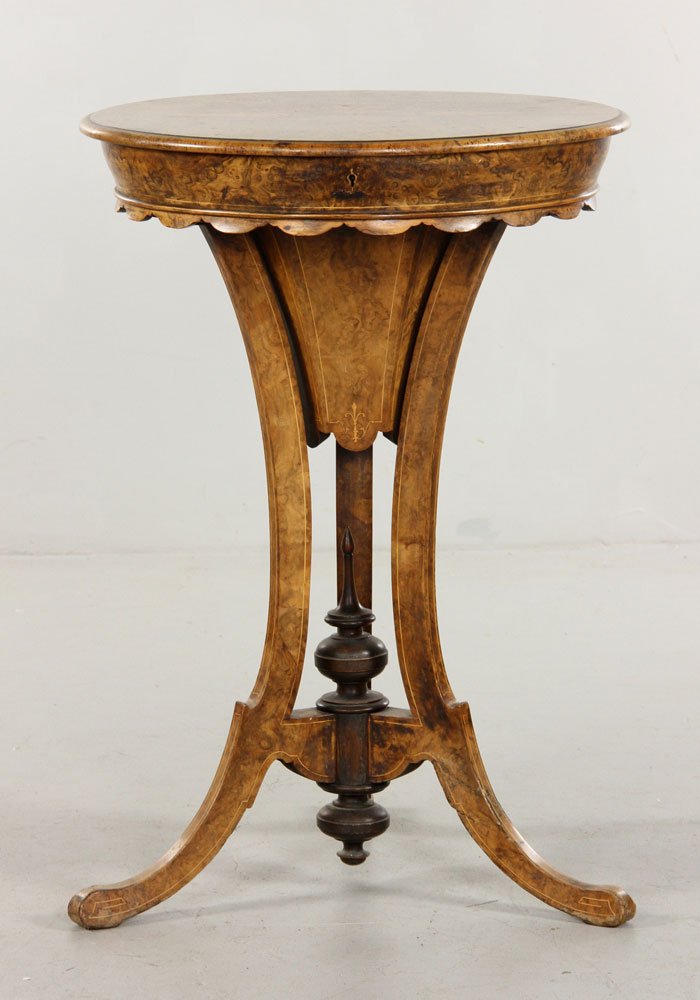 English Regency Burl Wood Sewing Stand: English Regency sewing stand, burl wood with inlay, 27 1/2" h x 19 1/4" dia at top. Provenance: From the Estate of Mary L. Alchian, Palm Springs, CA.