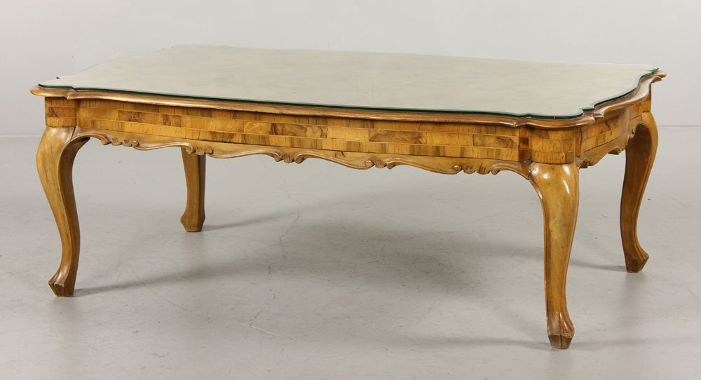 Italian Style Burl Wood Inlaid Coffee Table: Italian style coffee table, inlaid burl wood, 19" h x 32" w x 50" d. Provenance: From the Estate of Mary L. Alchian, Palm Springs, CA.