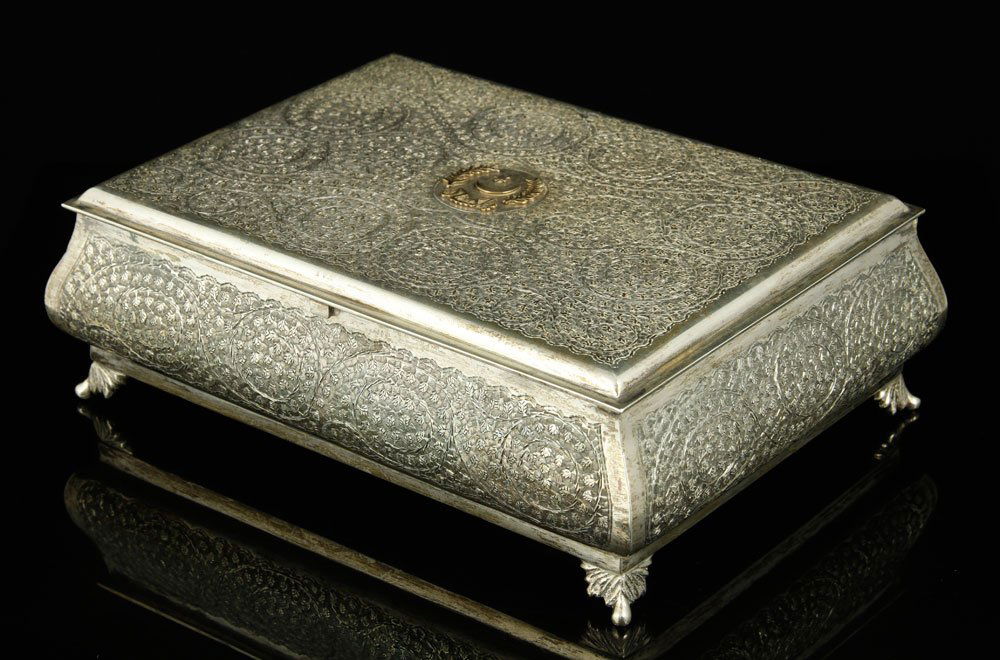 Turkish Silver Engraved Box: Turkish engraved box, silver with gold insignia and wood lining, marked on bottom, 2 1/2" h x 7 3/4" w x 5 1/2" d, 21.1 troy oz TW including wood liner. Provenance: Gifted to General Alexander M. Haig