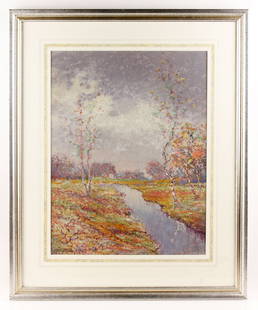 Richardson, "Stream in Fall," O/Slate: Louis H. Richardson (American , 1853-1923), "Stream in Fall," c. 1915, oil on slate, signed lower left, 17 1/4" h x 13 1/4" w (view), 24" h x 20" w (frame). Provenance: From a Woodstock, VT