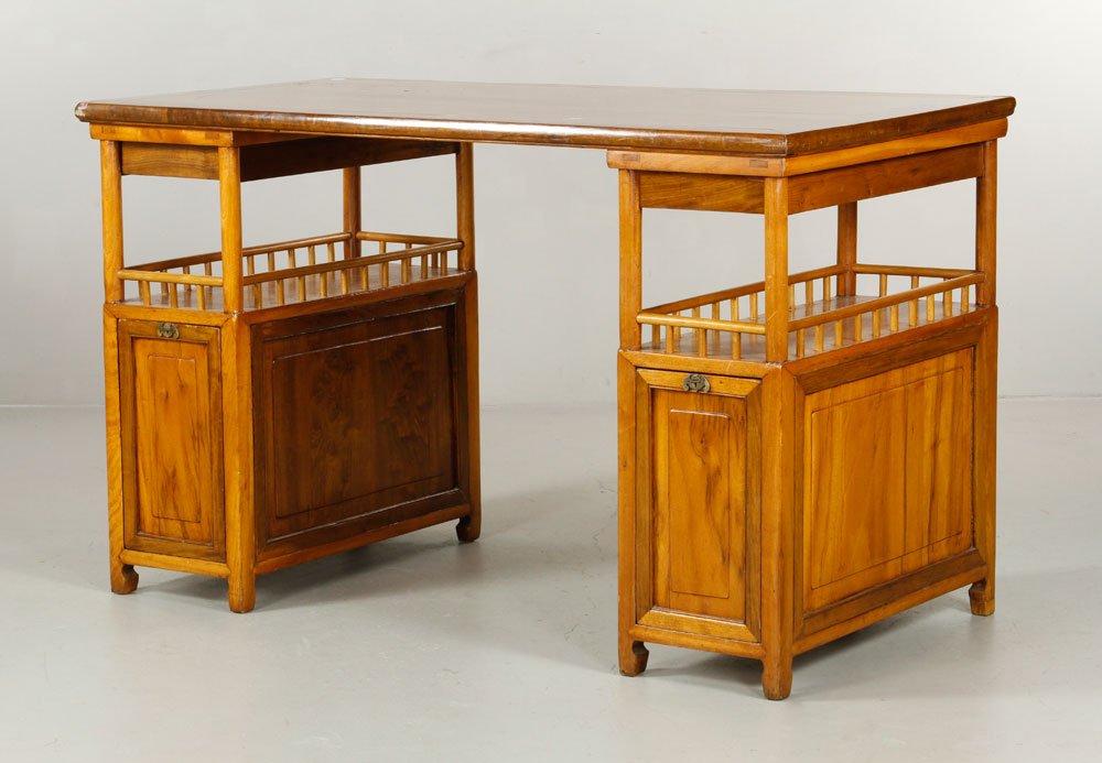 Antique Chinese Desk: Chinese kneehole desk, 33 1/2" h x 55" w x 27 1/2" d. Provenance: From a Santa Barbara, California estate.
