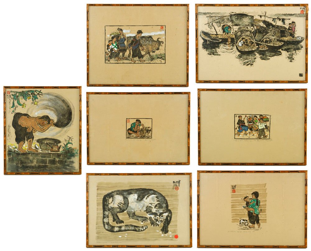 7 Vietnamese Woodblock Prints: Lot of seven Vietnamese woodblock prints, 20" h x 16" w (largest).
