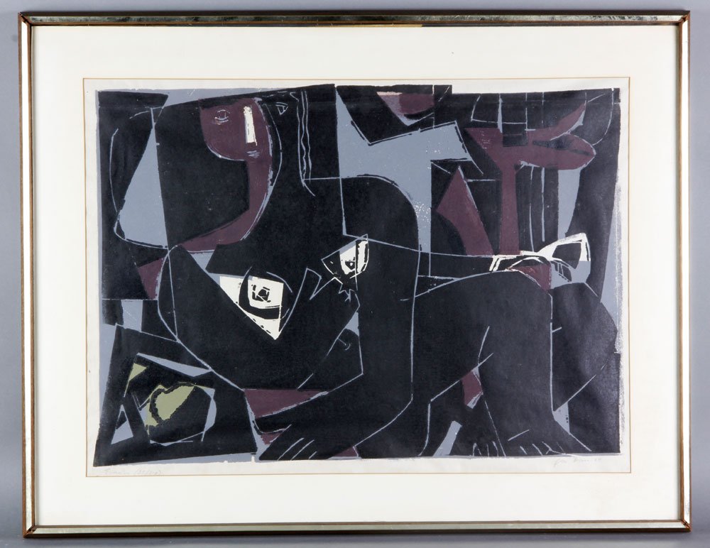Cubist Print: Colored Cubist print, of a nude, indistinctly signed, dated '64, 18 1/2" h x 25 1/2" w (view), 24" h x 31" w (frame). Provenance: From a Holliston, MA estate.