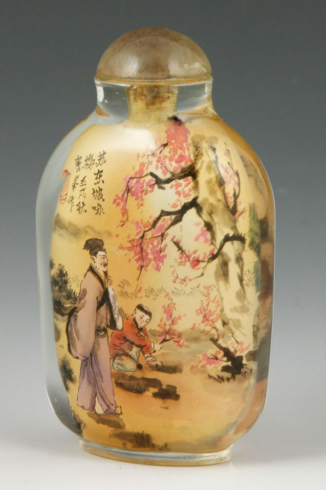 Early 20th C. Chinese Snuff Bottle: Snuff bottle, China, early 20th century, inside hand painted modeled with "a painters gathering", signed, 3"h x 1 3/4". Included paperwork from Foochow Art Co.