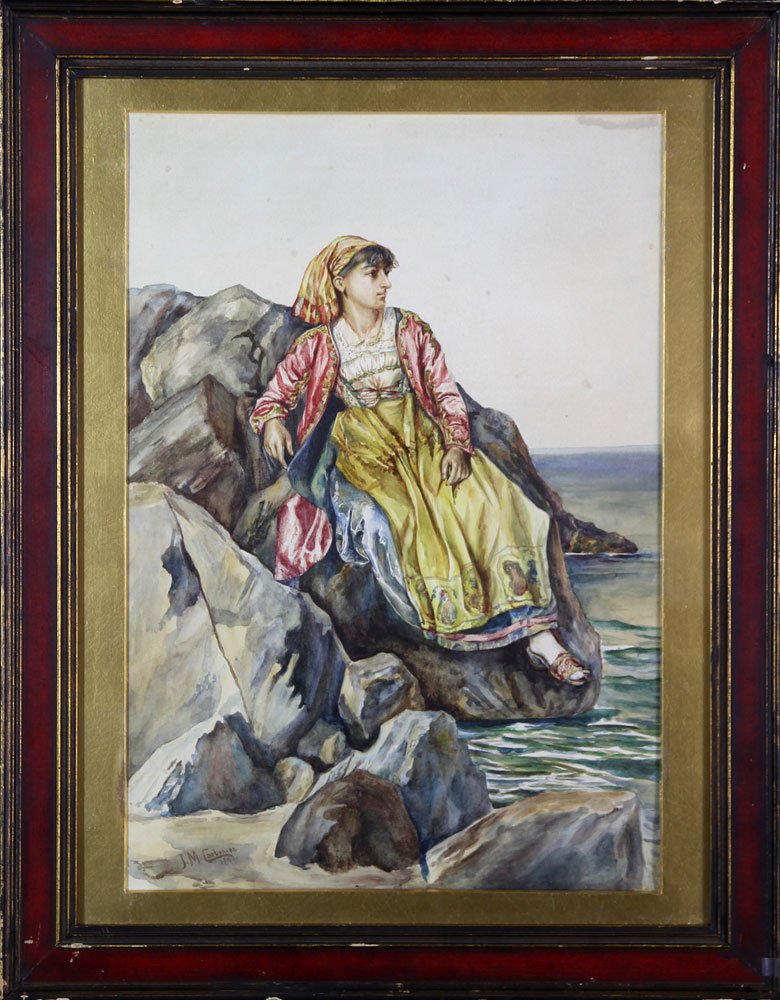 Carbonero, Woman on Rocks, W/C: Jose Moreno Carbonero (Spain 1860-1942), woman on rocks, watercolor on paper, signed lower left, 21 Â¾â€ x 14 Â½â€, 28â€ x 22â€ (frame).