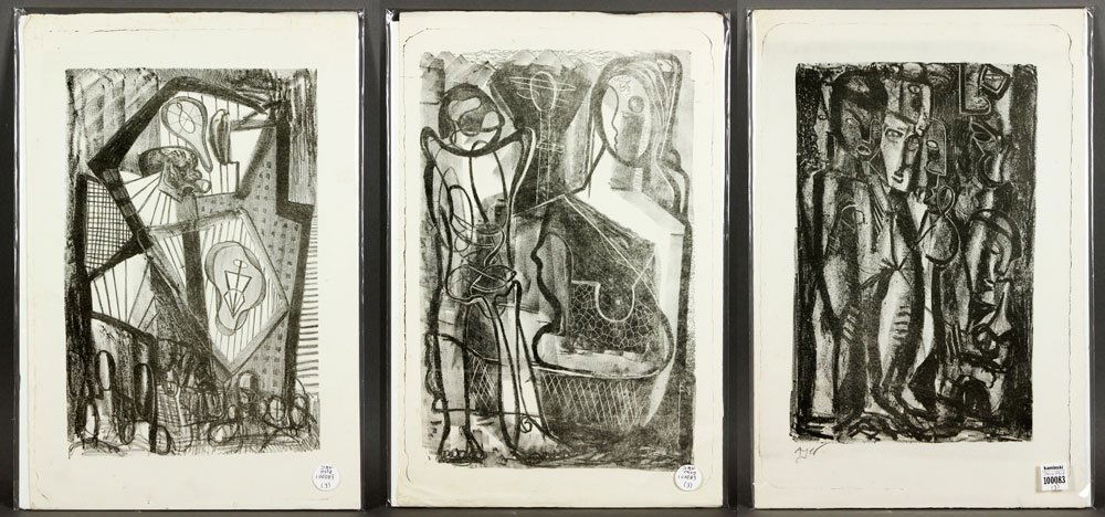 Ayer, 3 Stone Lithographs: Richard Ayer (1909-1967), lot of three stone lithographs, circa 1950s, abstract figures and cityscape, signed in pencil lower left, 12 3/4" h x 19" w. About the artist: Ayer was a post-war California