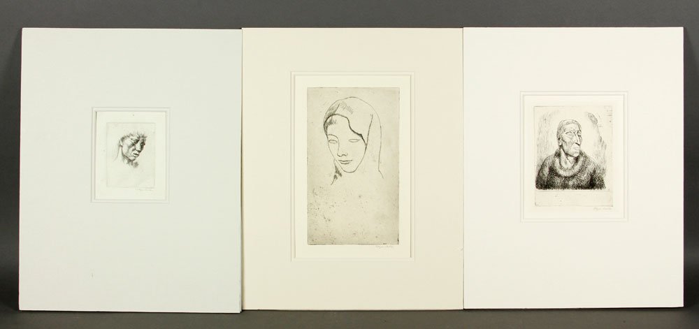 Miller, Group of 3 Portraits: Kenneth Hayes Miller, group of three portraits, man 4 1/4"h x 3 1/2" (sight), woman 9"h x 5 3/4"w (sight), man with sweater 6 1/4"h x 5"w (sight).