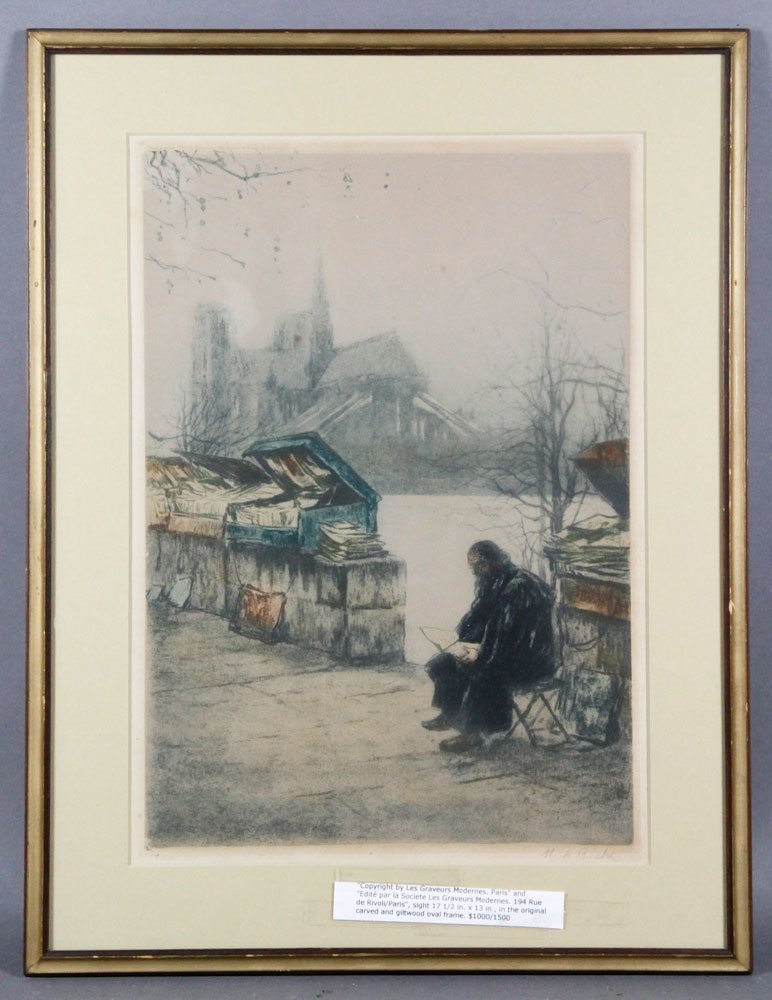 Riche, Edite Par La Societe Les Graveurs Modernes,: M. L. Riche, Edite Par La Societe Les Graveurs Modernes, engraving, 1923, 194 Rue de Rivoli, Paris, matted under glass, 17 1/2" h x 13" w (view), 19 3/8" h x 14 3/4" w (frame). Riche was influential o