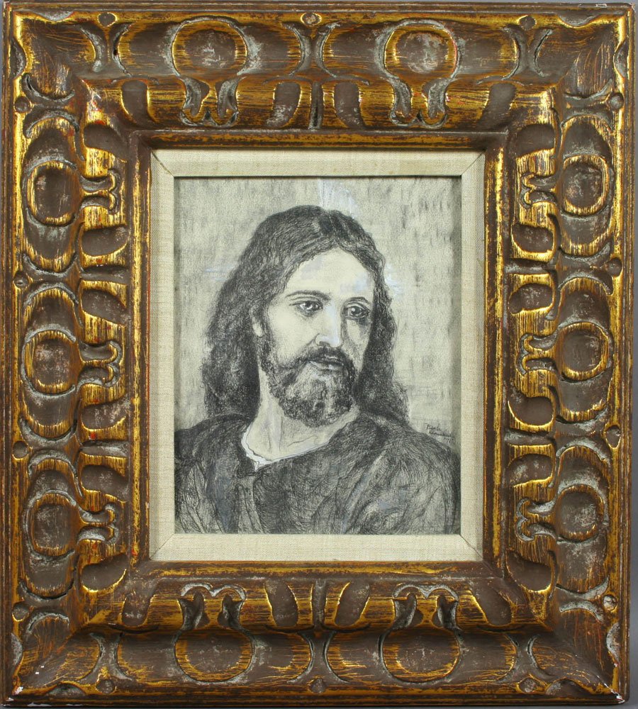 Signed Beck Donahue, Portrait of Christ, Mixed: Beck Donahue, portrait of Christ, mixed media, 9 3/8" x 7 1/2" (sight), framed 18 3/4" x 16 3/4", signed and dated "71" LR. Good condition.