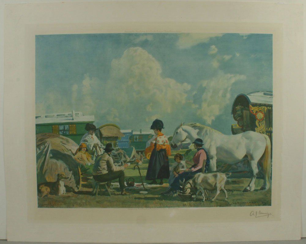 MUNNINGS, GYPSIES, OS LITHO, 1927: Artist: Sir Alfred Munnings, P.R.A., Title: Gypsies, Pub: Frost and Reed Ltd., Date: 1927, Medium: Offest litho, Paper size: 22 1/2 x 28, Inscribed: Signed in pencil lower margin "AJ Munnings", Retail