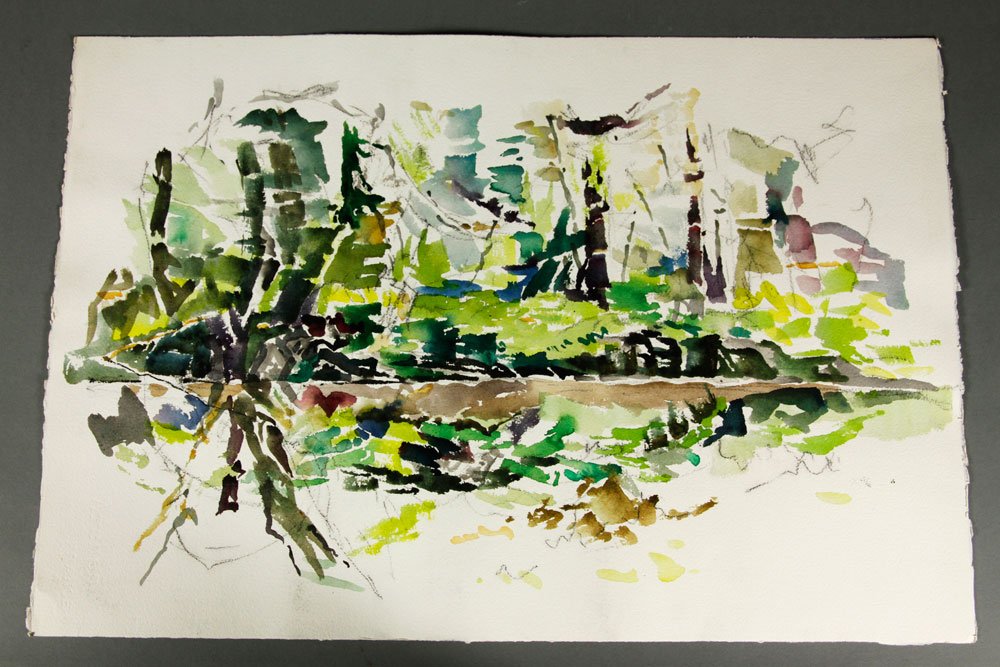 Dodd, Abstract Landscape, W/C: Lamar Dodd (American 1909-1996), abstract landscape, watercolor on Arches paper with small areas of charcoal, signed verso lower right, unframed, 15 1/4" h x 22 1/4" w. Provenance: From the estate of 