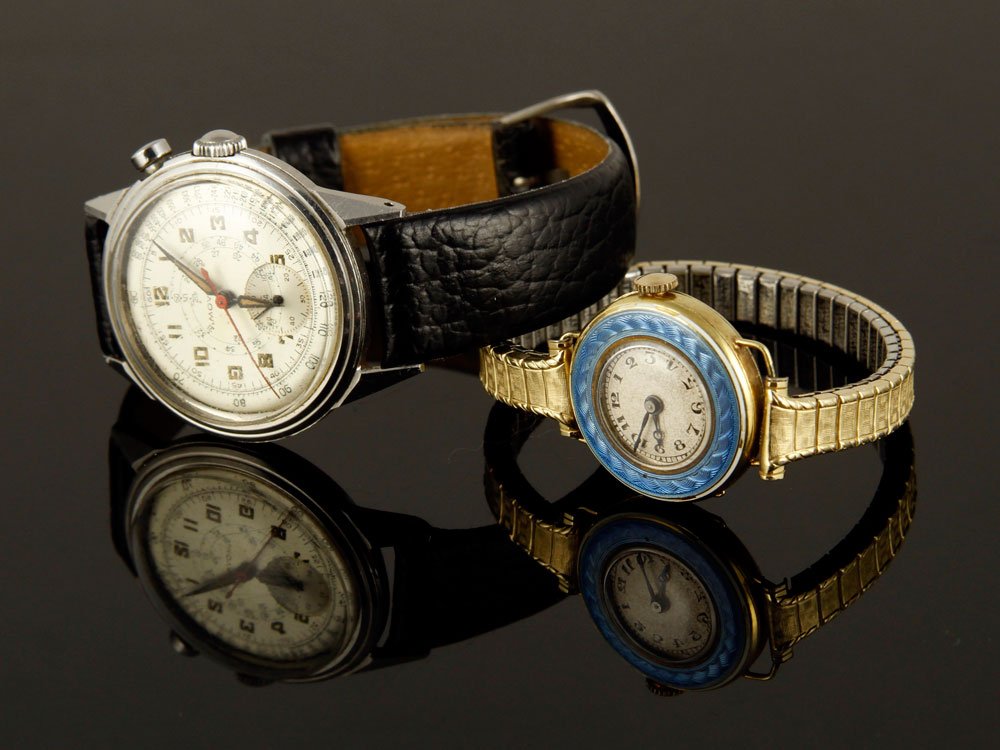 2 Wristwatches: Lot of two wristwatches to include: gentleman's Movado chronograph, manual wind, stainless case, face 1 1/4"dia; ladies' 14K yellow gold and guilloche enamel A. LeCoultre, manual wind, non-gold band,
