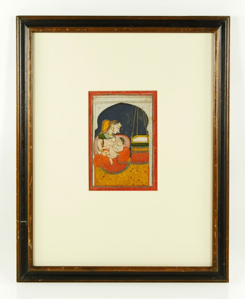 Indian Miniature Painting: Indian miniature painting of Yasoda and baby Krishna, tempera on paper, c. 1850.
