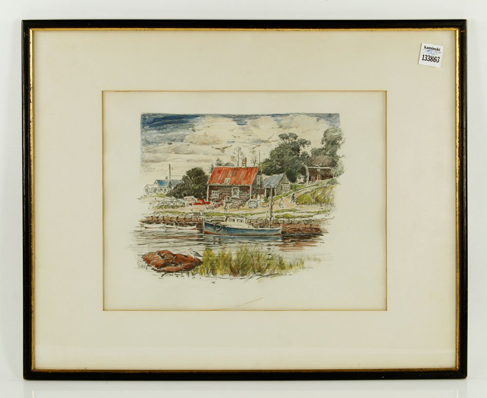 Cirino, Lobster Cove, Gloucester, W/C: Antonio Cirino (American, 1889-1983), Lobster Cove, Gloucester, watercolor and pencil on paper, signed lower right, 10" h x 13 1/4" w (view), 16 3/4" h x 20 3/4" w (frame). Provenance: MA estate.