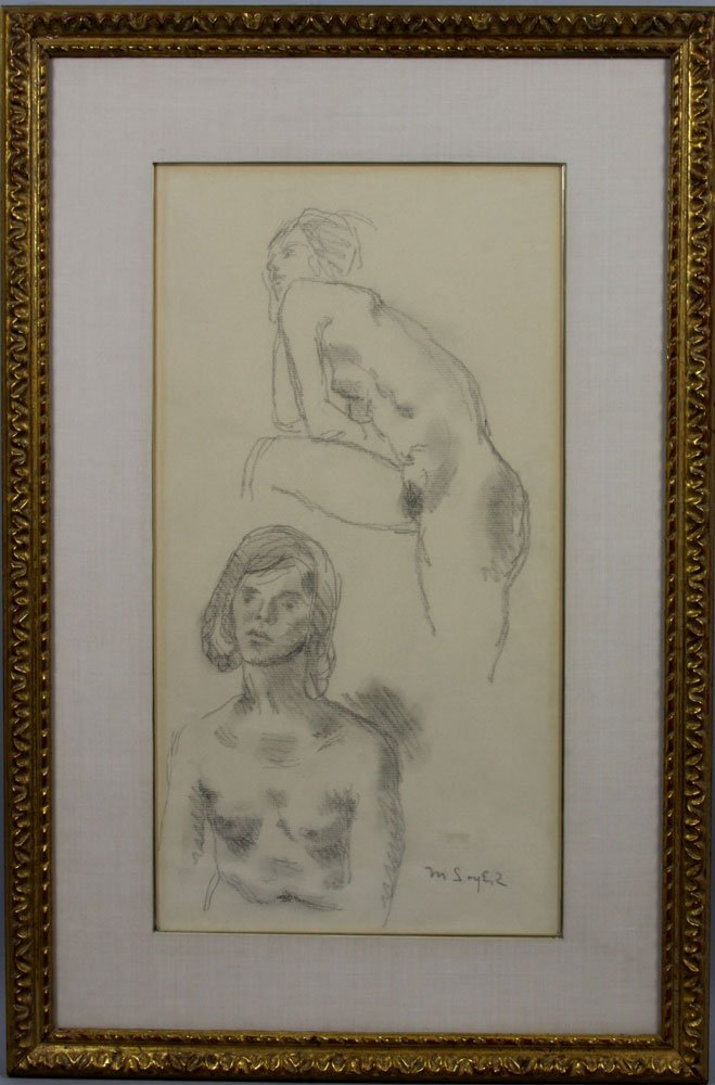 Moses Sawyer, nudes, pencil on paper: Moses Sawyer (American, 1899-1974), two nudes, 20th Century, pencil on paper, 17" x 9", 24" x 16" framed, signed LR. Former collection of Elliott Gruenberg, West New York, New Jersey.