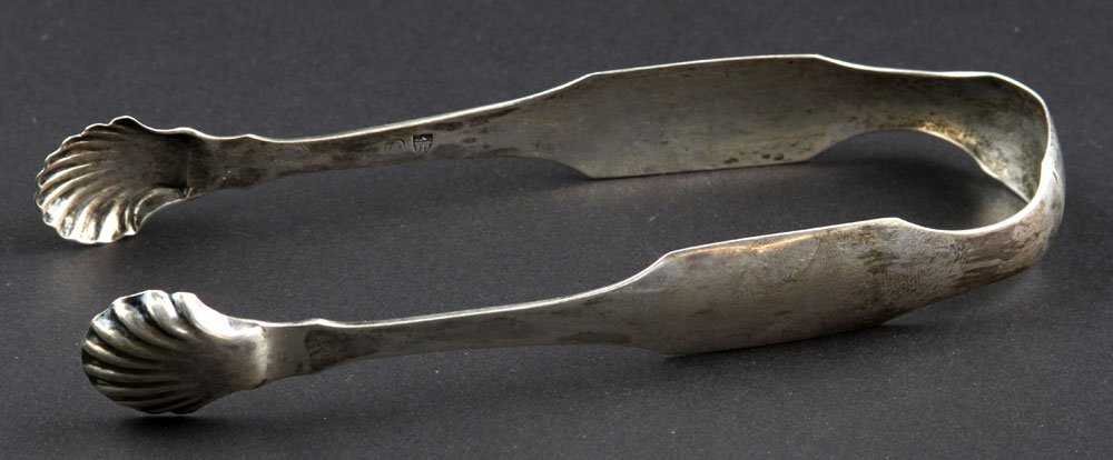 19th C. European Silver Sugar Tongs: 19th century European silver sugar tongs with shell shaped grips with "5" and shield mark engraved monogram at top.