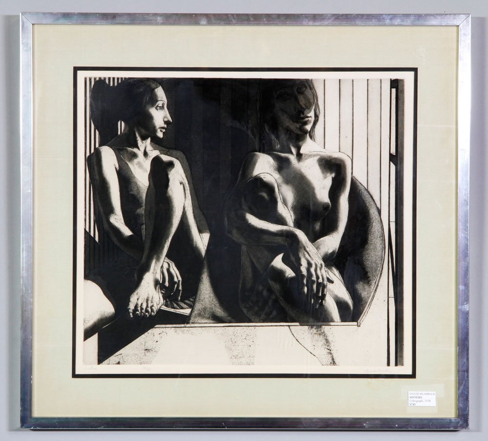 Bumbeck, "Sisters," Lithograph: David Bumbeck, "Sisters," lithograph, 1978, 36/80, titled, editioned and signed in pencil lower margin, 17" h x 18 3/4" w (view), 22 3/4" h x 24 1/2" w (frame).