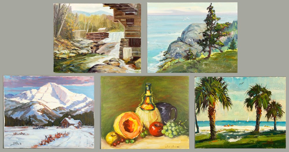 5 Oil Paintings by Jones: Lot of five paintings by Jack Jones (American 1940-2011), to include: Mt. Mansfield, Vermont, oil on canvas, unframed, signed lower left, 16"h x 20"w; still life with fruit, oil on artist board, unfra