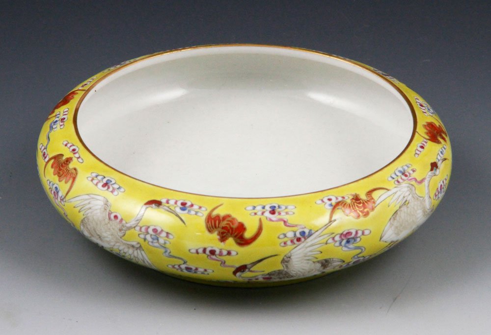 Chinese Famille Rose Brush Washer: Famille rose brush washer, China, decorated with auspicious bats and cranes, red Qing Guangxu mark on base, 6" dia.