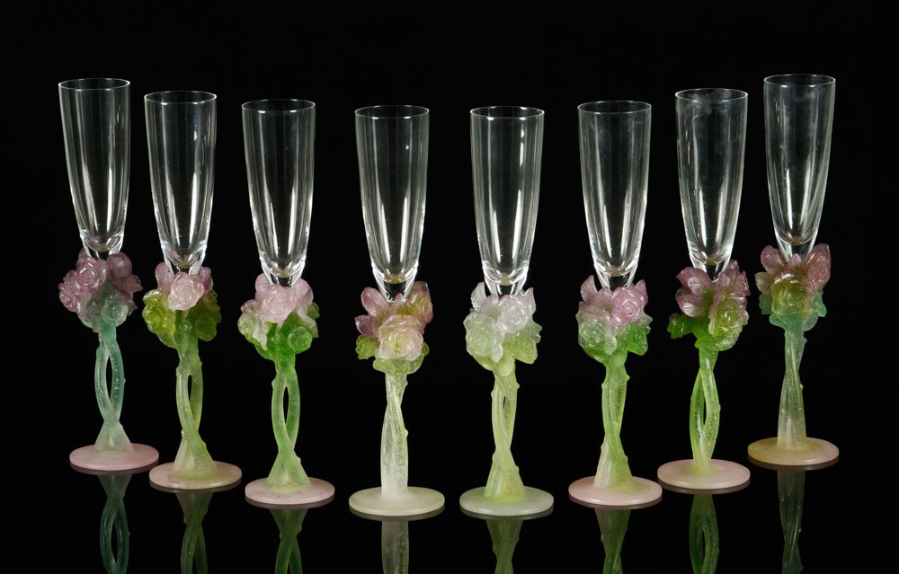 Daum Pate de Verre "Rose" Champagne Flutes: Daum pate de verre "Rose" champagne flutes, set of eight, all etched underside "Daum France", purchased in Paris, France, 11 3/4"h x 3"dia. Provenance: From a MA estate.