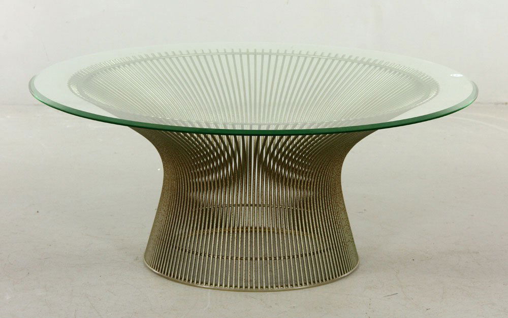 Platner for Knoll Coffee Table: Warren Platner for Knoll coffee table, steel base with original bumper with beveled edge glass top, 15"h x 36"dia. Provenance: From a MA estate.