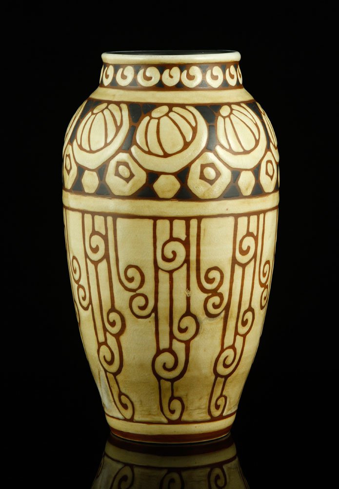 Belgian Catteau Boch Freres Keramis Vase: Belgian Boch Freres Keramis glaze vase by designer Charles Catteau, gemoetric pattern, impressed mark "Gres Keramis" and "907," black Boch Freres stamp, black stamped mark "Ch. Catteau D1010," 11 1/8"