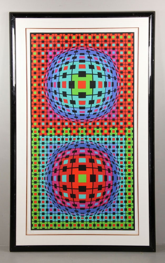 Vasarely, Abstract, Serigraph: Victor Vasarely, geometric abstract, serigraph, signed and numbered at bottom, edition of 300, published by Circle Fine Art Corporation, 35"h x 67" (image), 50"h x 82"w (frame). Provenance: From a AZ 