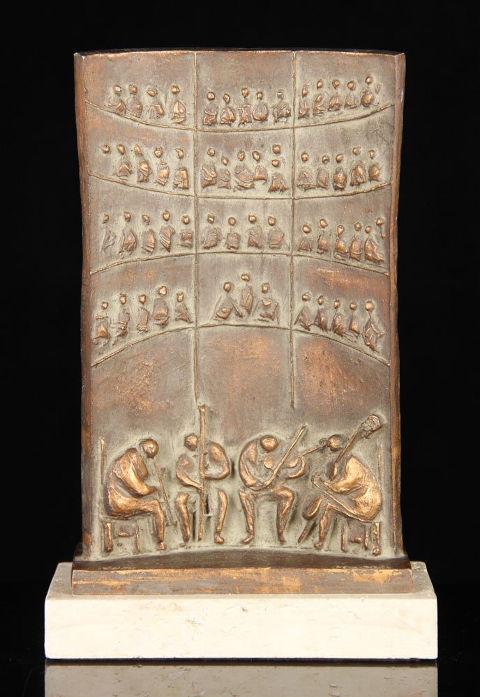 Macri, "The Concerto" Sculpture, Plaster Cast: Giuseppe Macri (Italian, 1913-1991), "The Concerto," plaster cast sculpture, white plaster base, signed LR, dated LL and marked with copyright on back, 12"h x 7 3/4"w x 3 1/2"d. Provenance: From a New