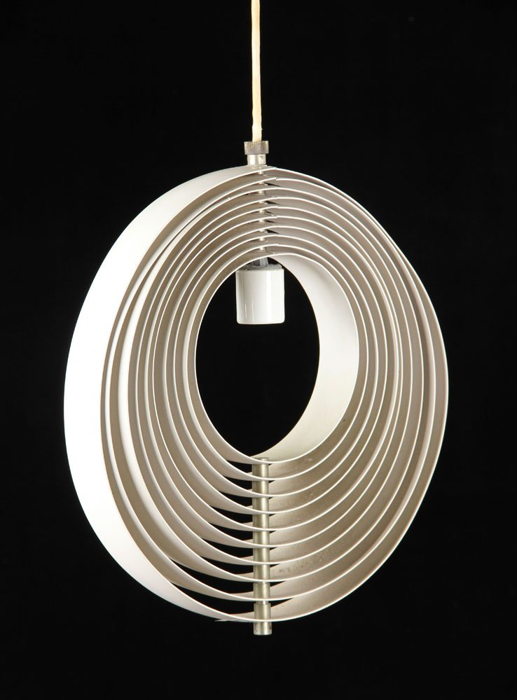 Verner Panton Pendant Moon Lamp: Verner Panton pendant moon lamp, with original made in Demark sticker, white enamel, 13 3/4"dia. Provenance: From a MA estate.