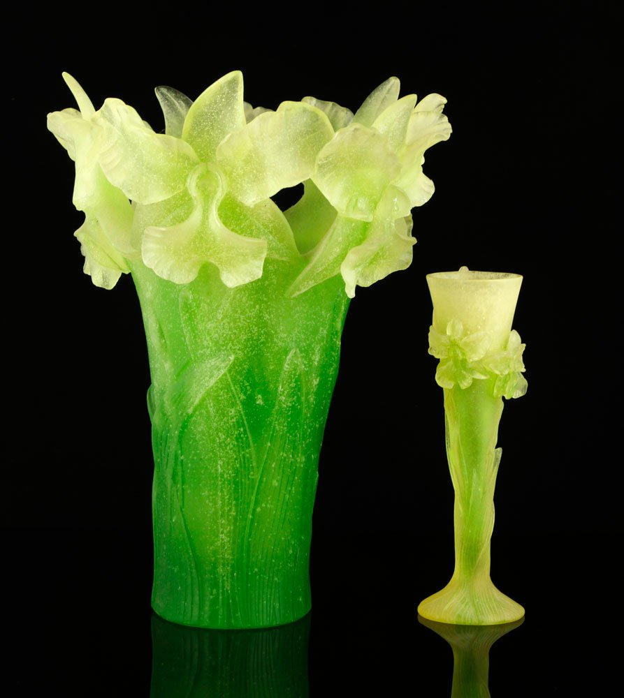 2 Daum Pate de Verre "Iris" Vases: Two Daum pate de verre "Iris" vases, both etched "Daum France" underside, 12 1/2"h x 10"dia., 8"h x 2 1/2"dia. Provenance: From a MA estate.