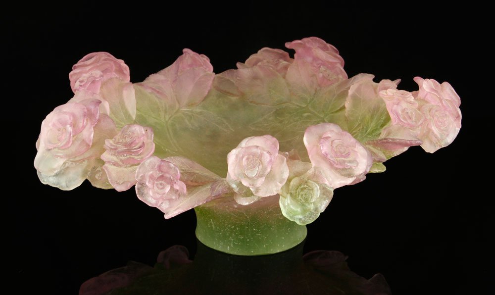 Daum Pate de Verre "Rose" Coupe Bowl: Daum pate de verre "Rose" "Coupe plate figures", coupe bowl, etched underside "Daum France", purchased in Paris, France, 5 1/2"h x 14"dia. Provenance: From a MA estate.